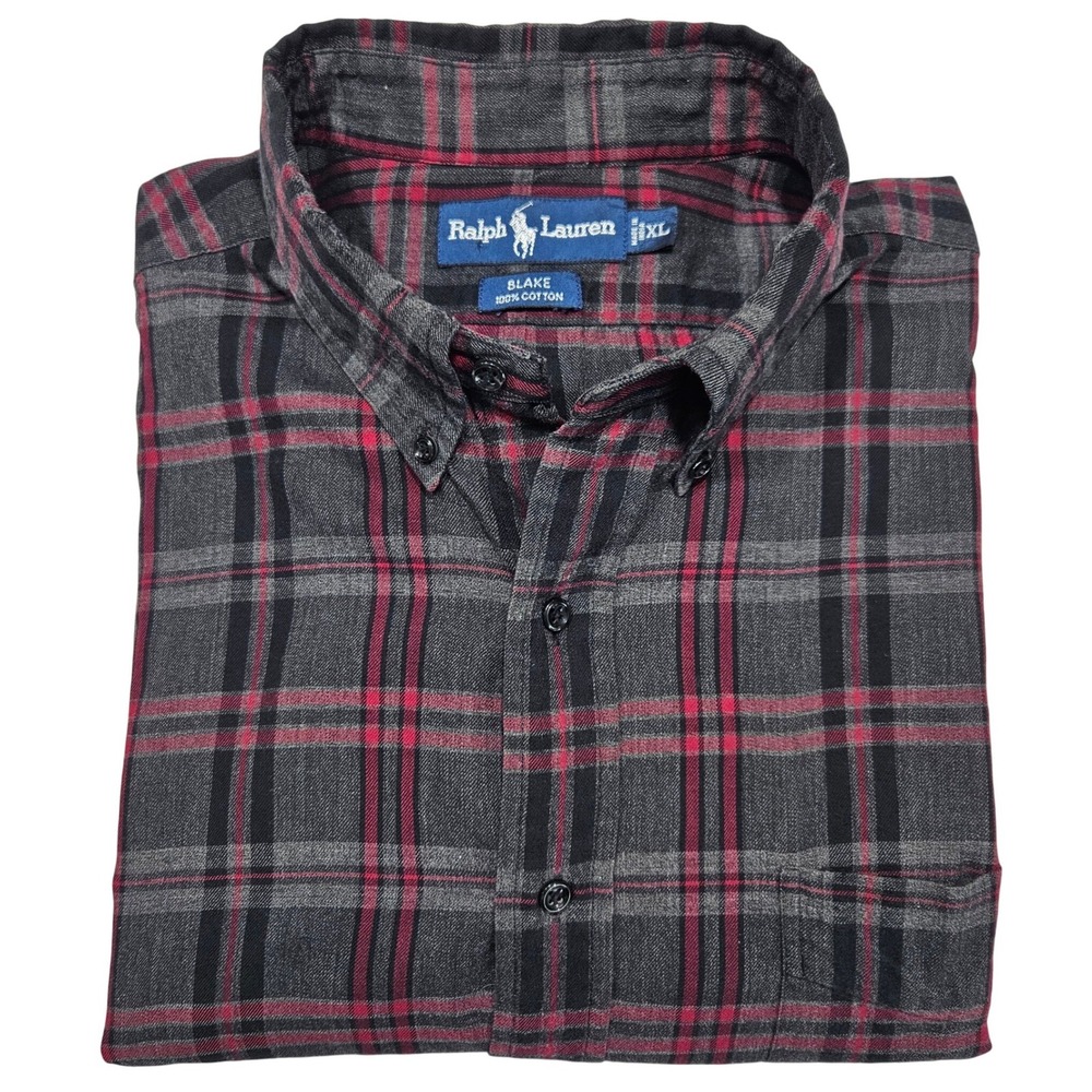 Ralph‎ Lauren Blake Men's Plaid Flannel Button Down Shirt Red Grey XL Cotton
